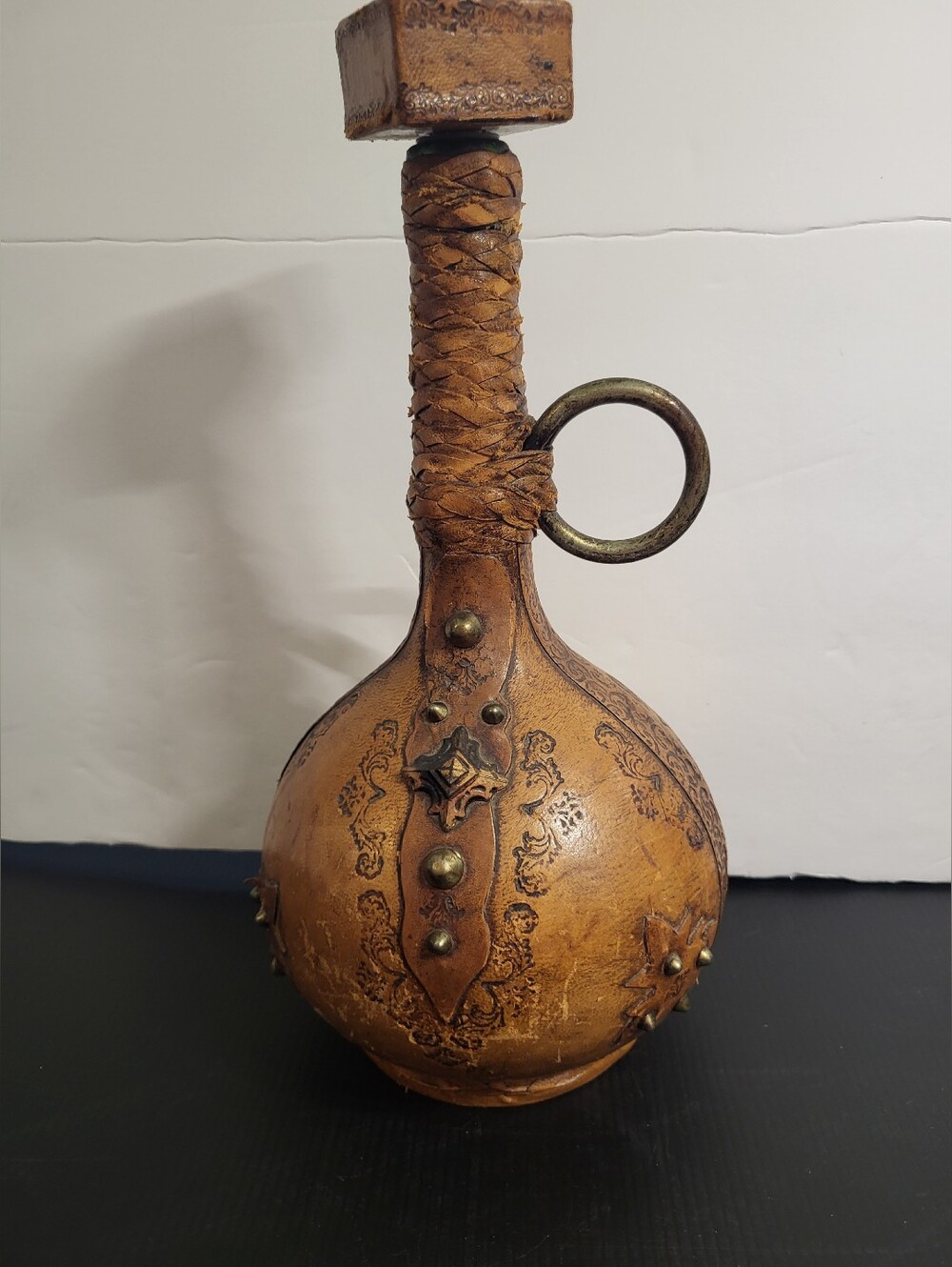 Vintage Rustic Brown Decorative Leather Italuan Bottle #1616-1325